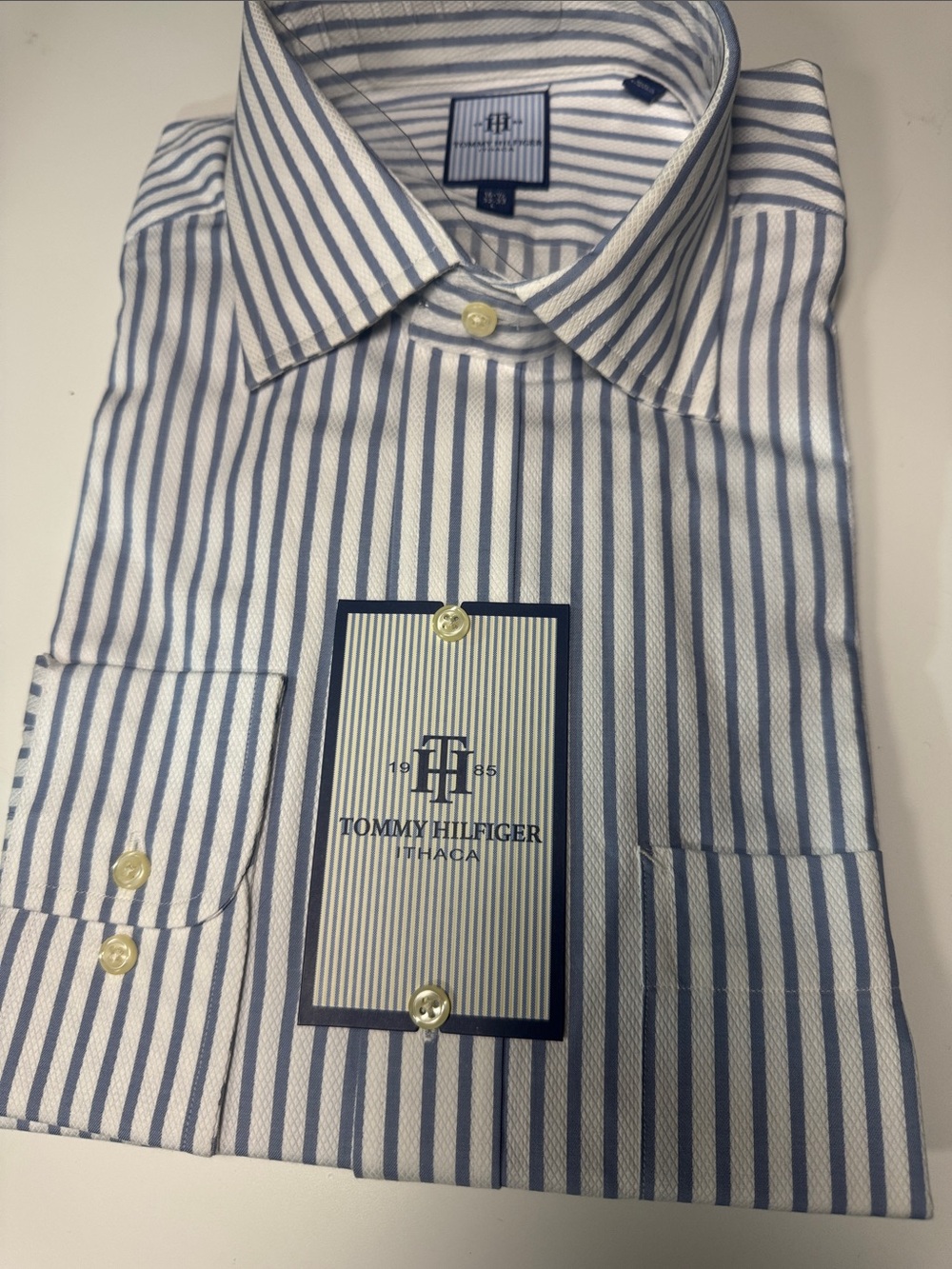 Tommy Hilfiger Blue and White Striped Dress Shirt
